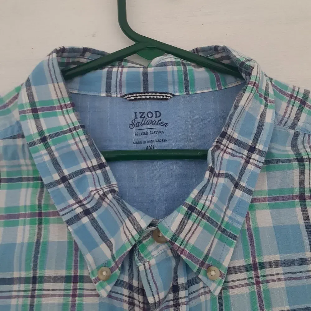 Izod Saltwater Men's 4XL Blue and White Plaid Button-Down Short Sleeve Shirt